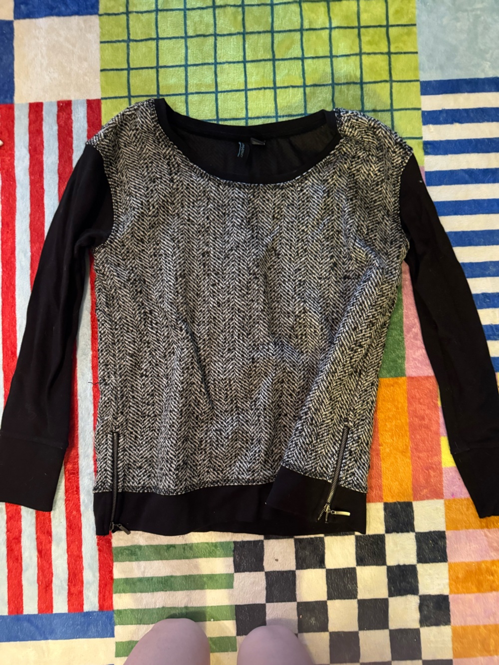 Cynthia Rowley Black and Gray Herringbone Top